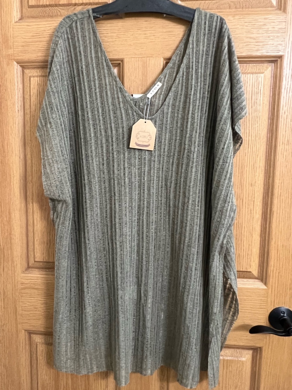 Kori America V-neck Sage Ribbed Knit Poncho Style Cover Up